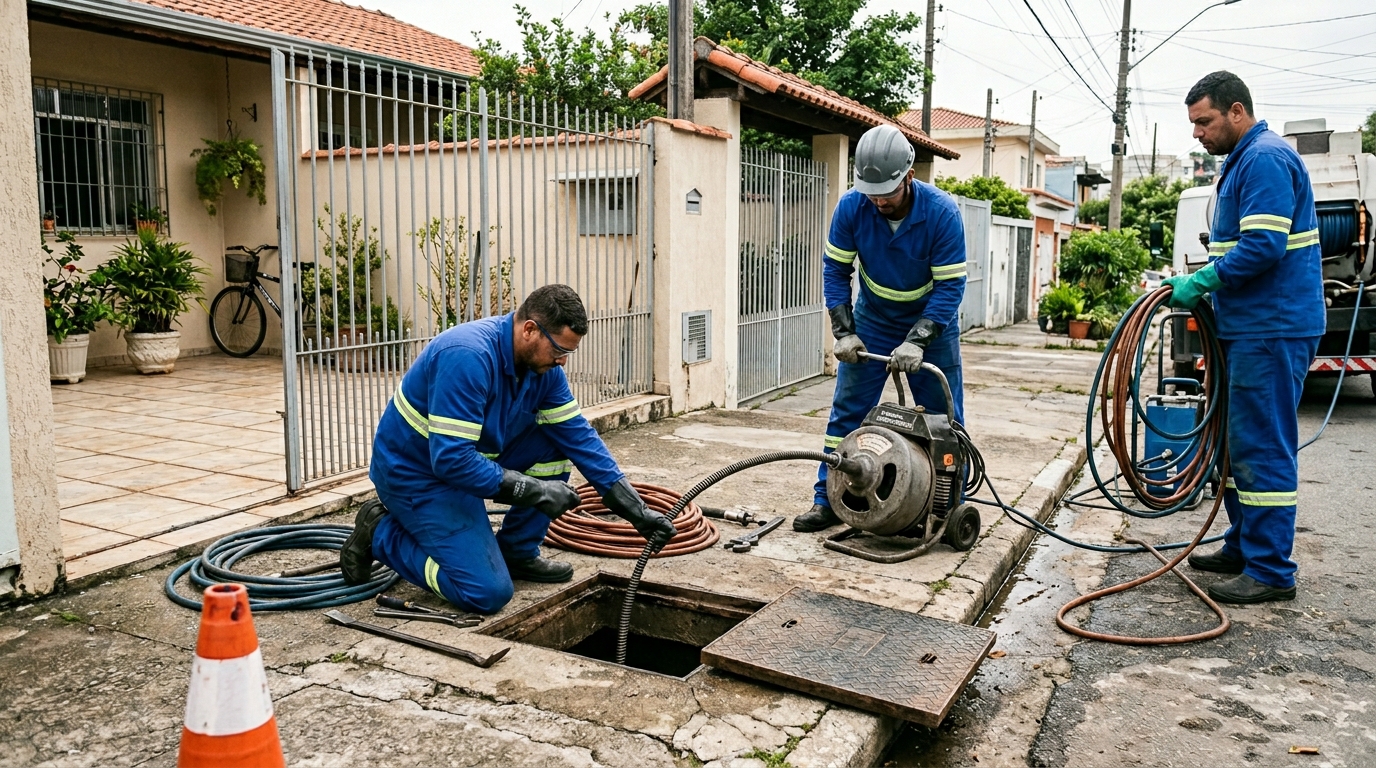 Equipe de desentupimento de esgoto em São Gonçalo-RJ